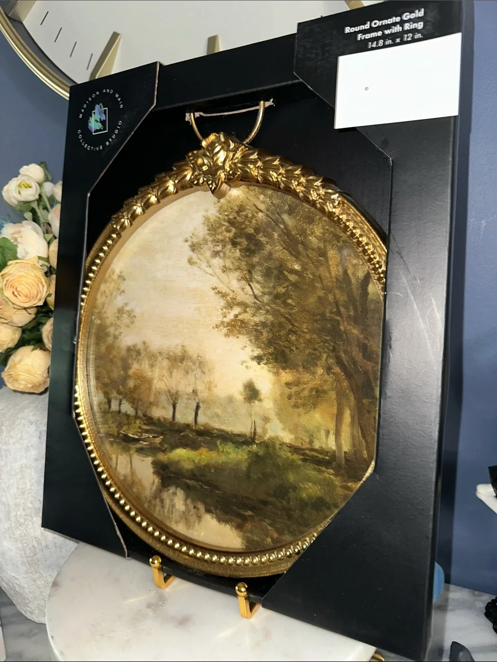 Round Ornate Gold Frame Wall Art - moody Landscape Painting